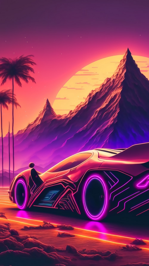 Synthwave artwork of a futuristic car at sunset