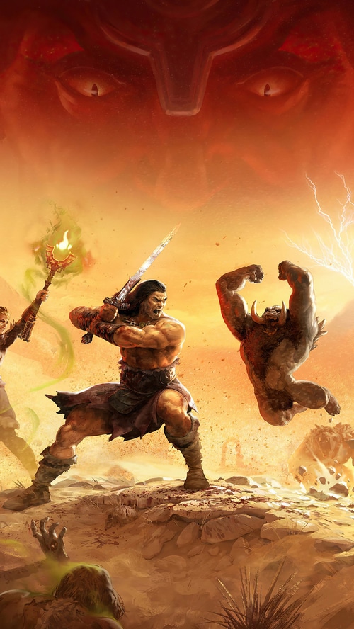 Conan Exiles characters fighting monsters in a desert