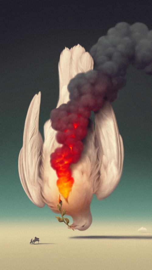 A burning dove with a branch and a pianist