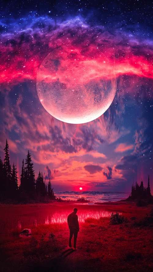 Man standing in a red landscape under a large moon and colorful nebula
