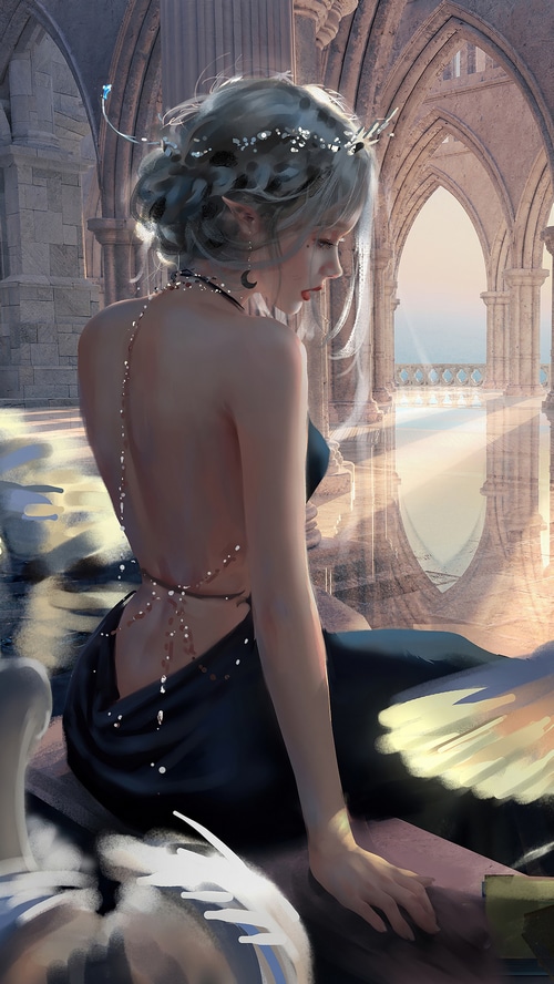 Fantasy Queen in a Black Dress with Swan Wings
