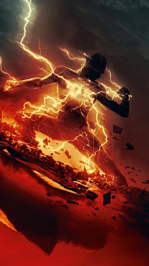 The Flash running with lightning and debris