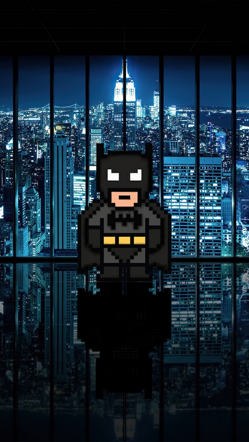 8-bit Batman in front of a New York City skyline