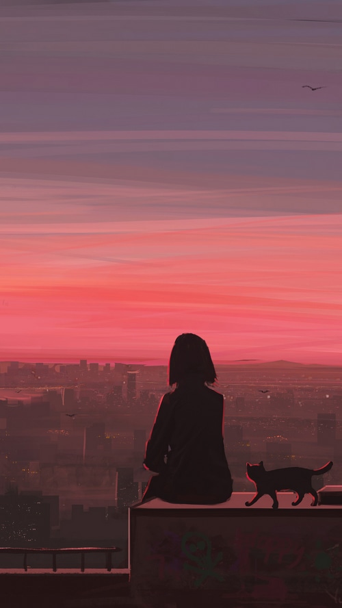 Girl and cat watching the sunset over a city