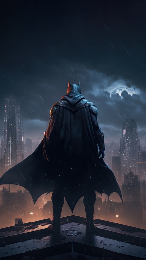 Batman standing on a rooftop in the rain