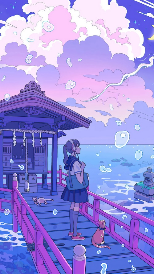 Girl with headphones on a bridge with cats and a shrine