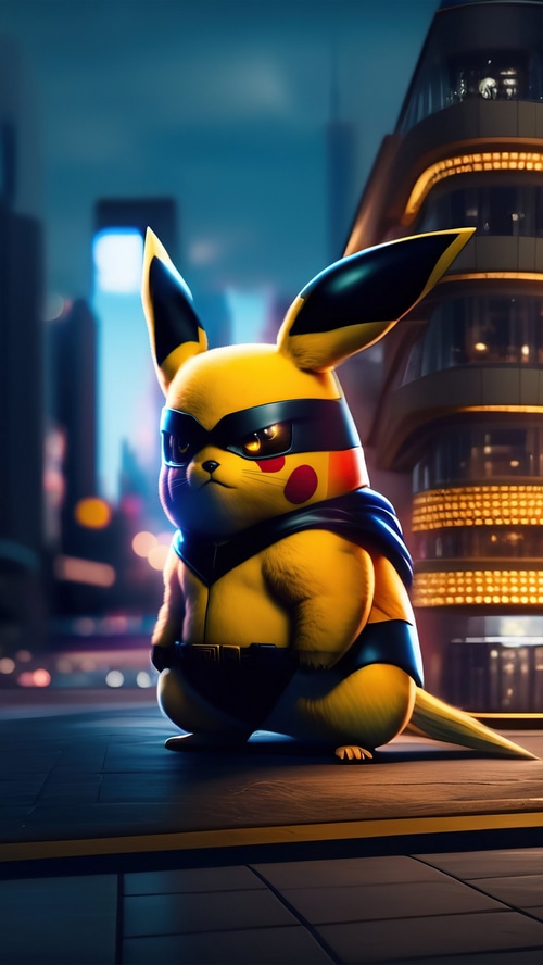 Pikachu as a superhero in a city at night
