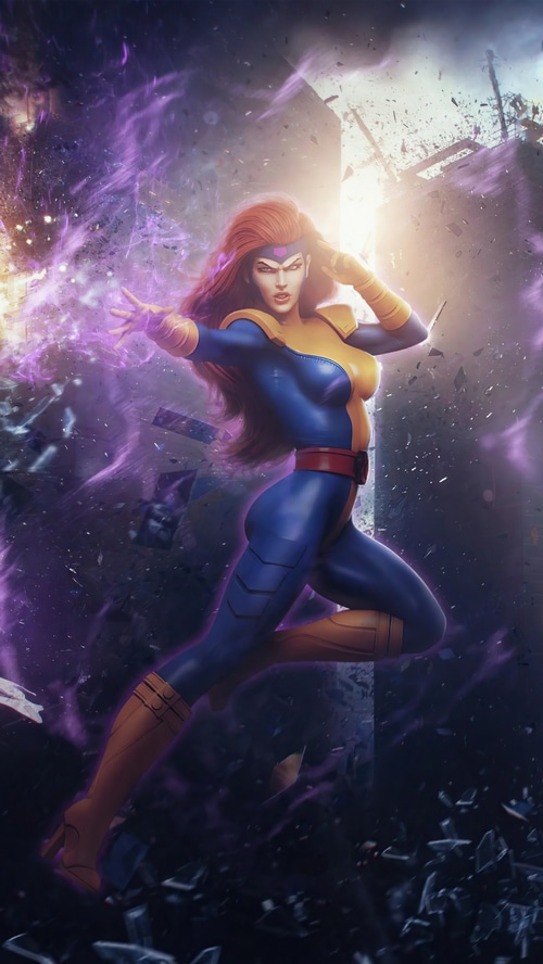 Jean Grey using psychic powers amidst destruction