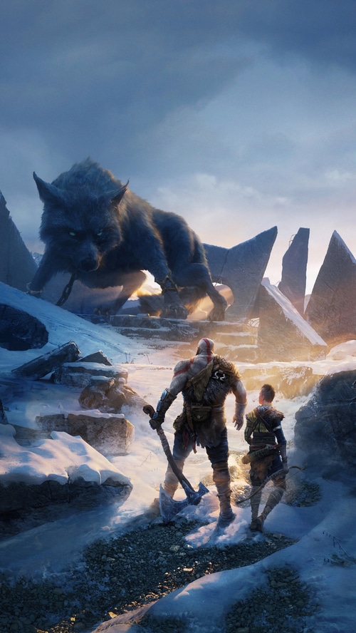 Kratos and Atreus face a giant wolf in God of War Ragnarok