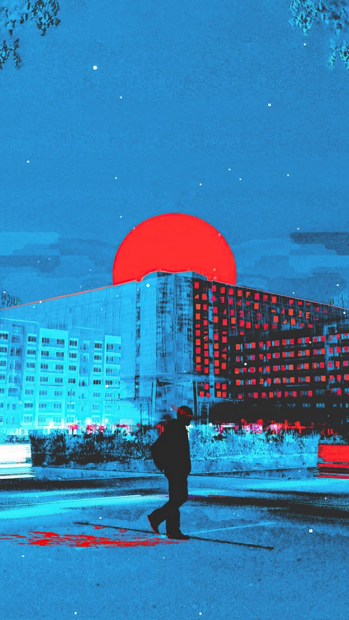 Digital art of a person walking in a city at night
