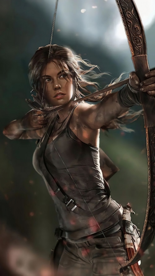 Lara Croft aiming a bow and arrow
