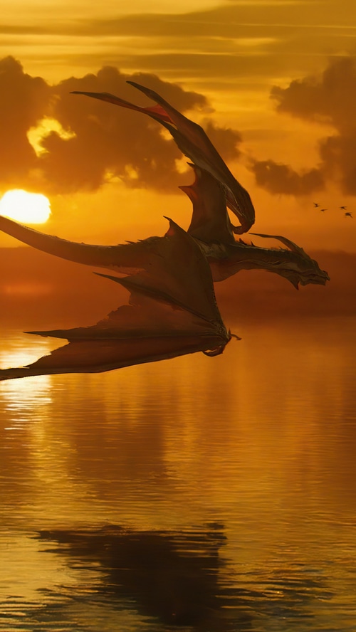 Dragon flying over water at sunset
