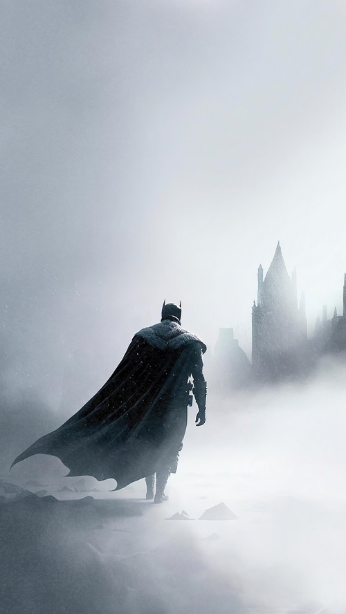 Batman in a foggy, snowy city