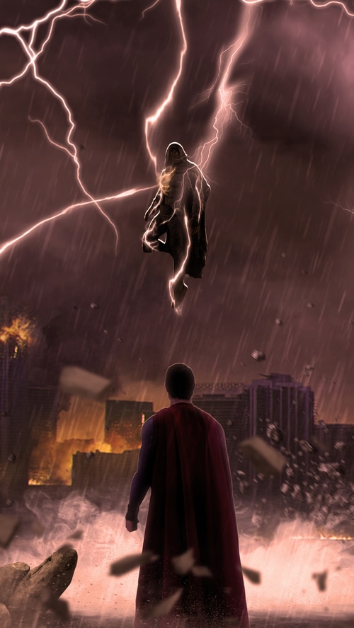 Superman and Black Adam in a lightning storm