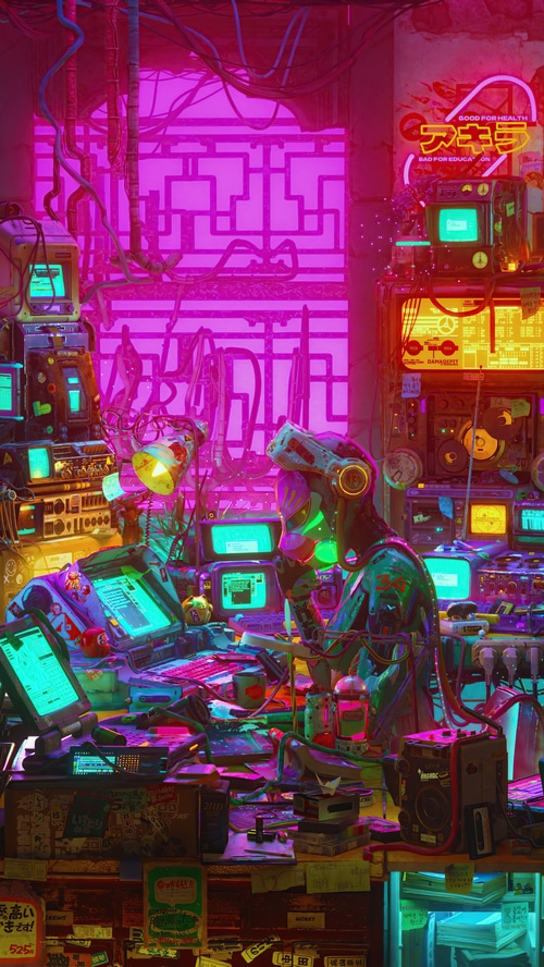 Cyberpunk Akiras Lab with Neon Signs