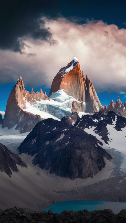 Fitz Roy mountain range with clouds and lake