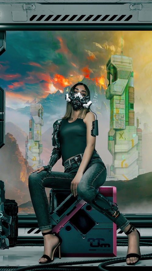 Woman with cybernetic arm and mask in futuristic landscape