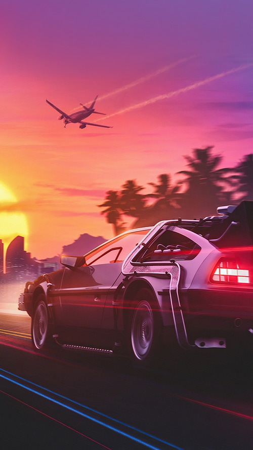 Delorean driving at sunset with airplane