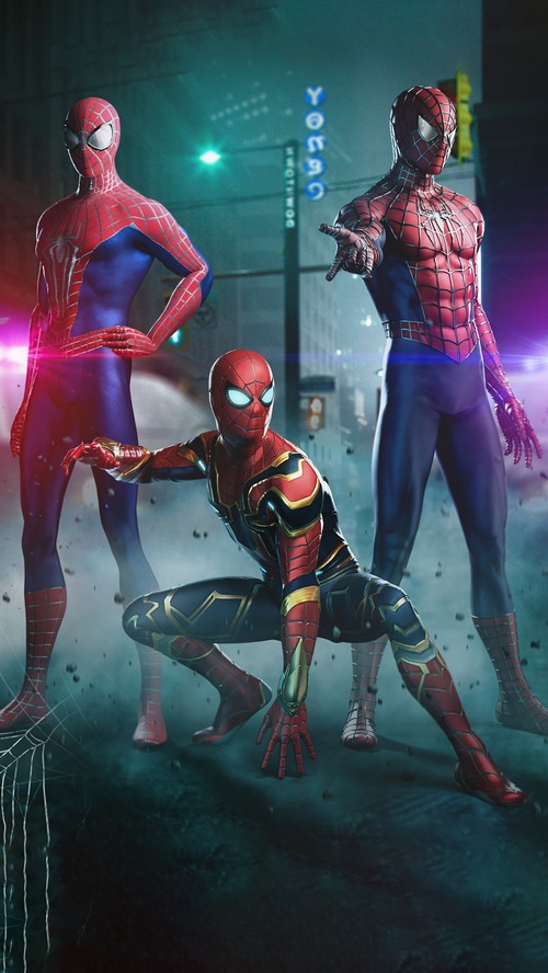 Three Spider-Men in a City at Night
