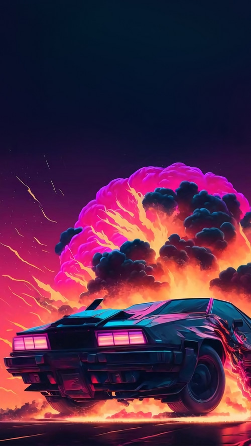 Delorean car in front of a large explosion