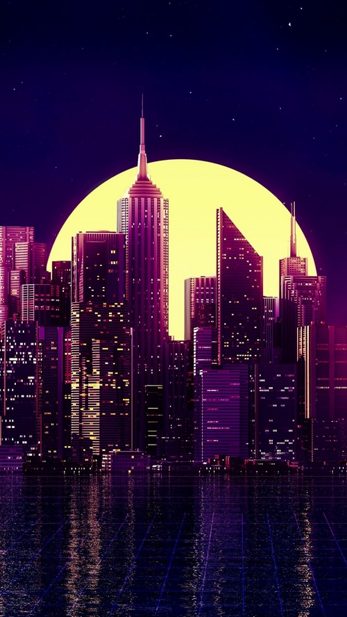Digital Art Cityscape with Large Yellow Moon