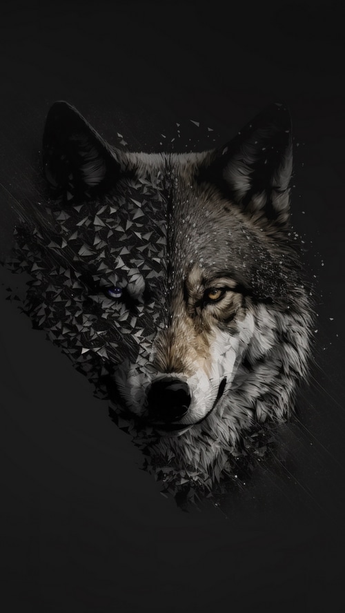 Minimalist digital art of a wolf dissolving into geometric shapes
