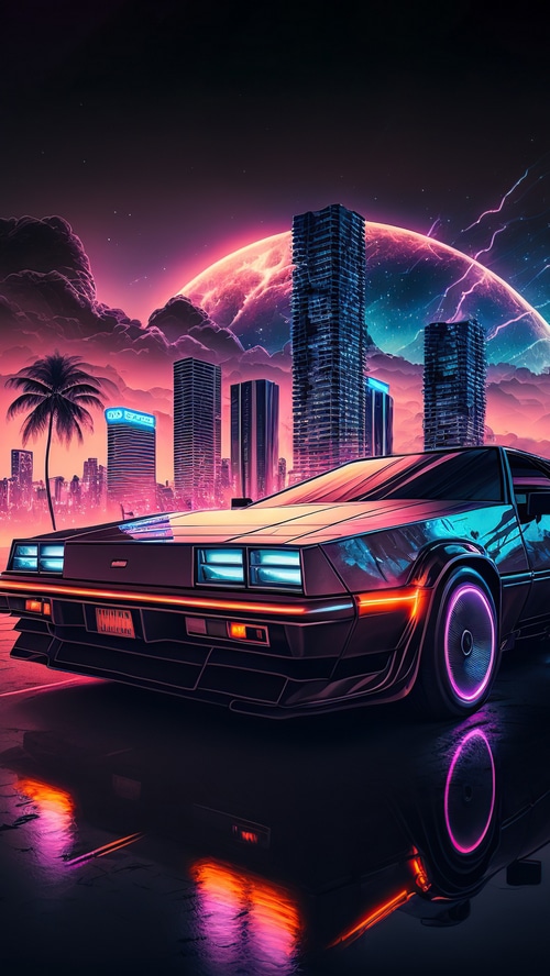 Delorean in a Neon Cityscape with a Giant Planet