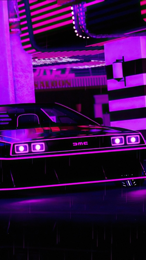DeLorean in a neon-lit city at night