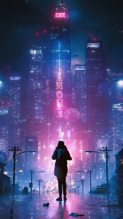 Digital art of a person in a neon city