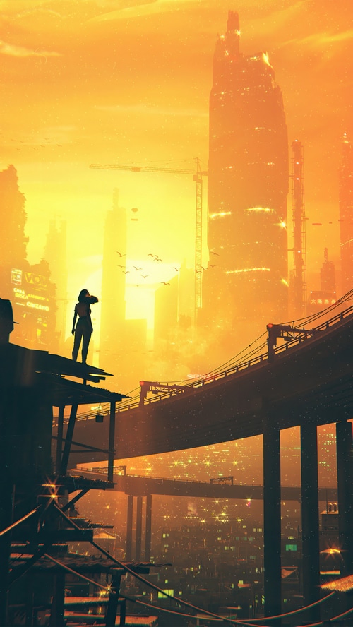 Digital Art 4K Cityscape with Person on Rooftop