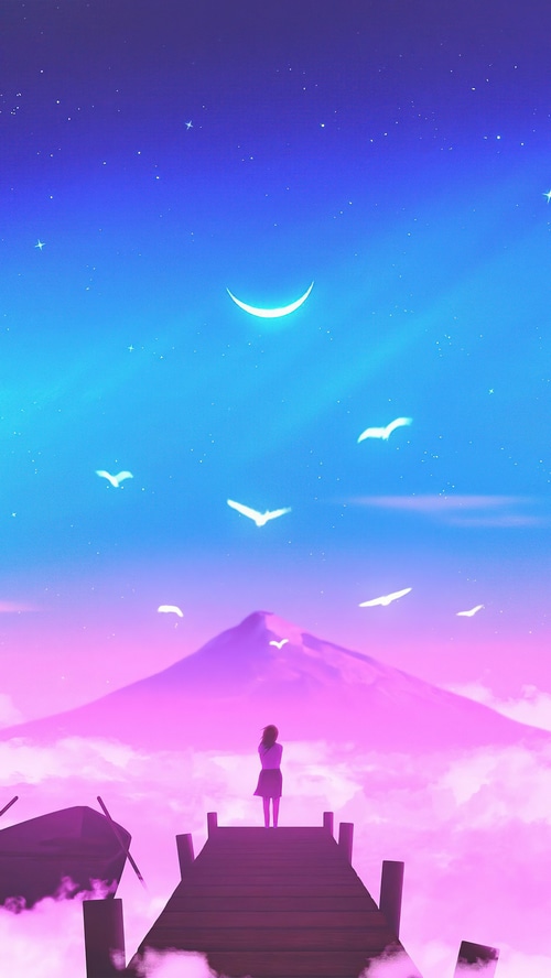 Girl on a dock overlooking a mountain and moonlit sky