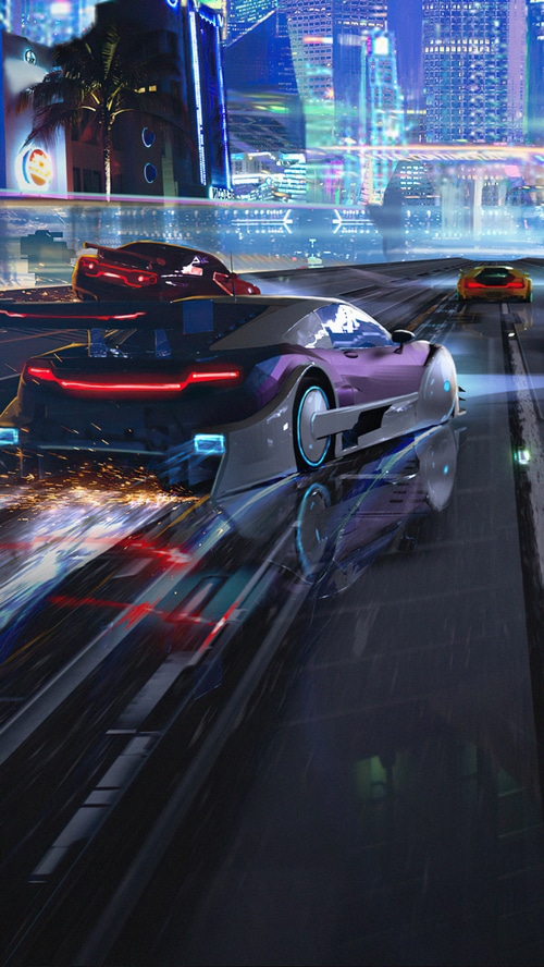 Cyberpunk racing cars in a futuristic city