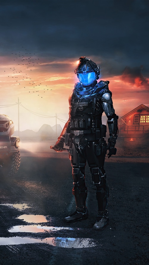 Soldier in futuristic armor with blue helmet