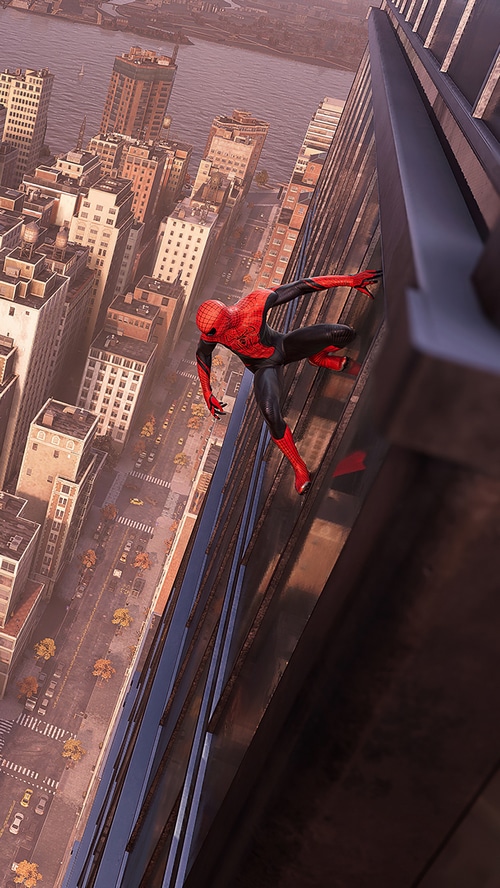 Spider-Man climbing a skyscraper in New York City