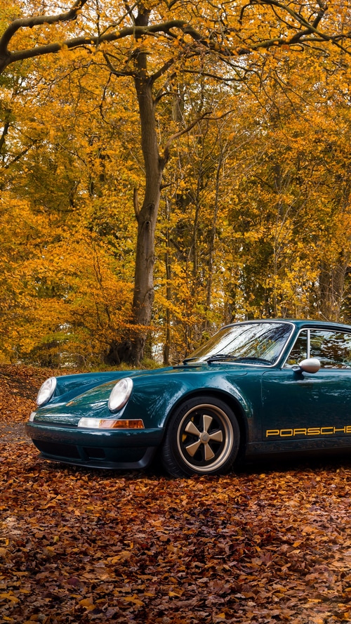 Teal Porsche 911 parked on autumn leaves
