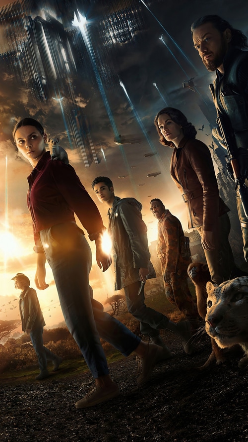 His Dark Materials characters with animals and futuristic city