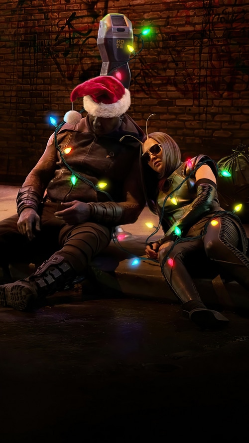 Guardians of the Galaxy characters with Christmas lights