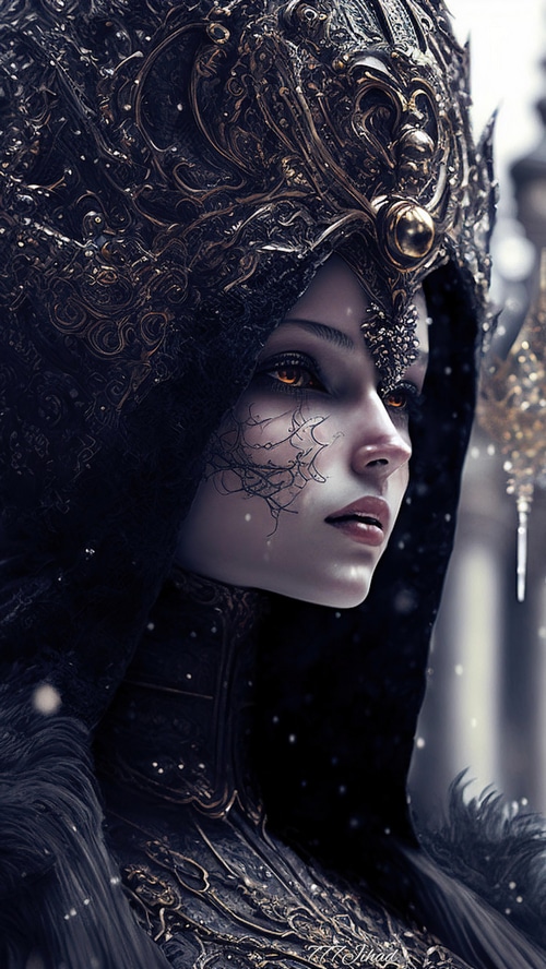 Artwork of a woman with a dark crown and hood