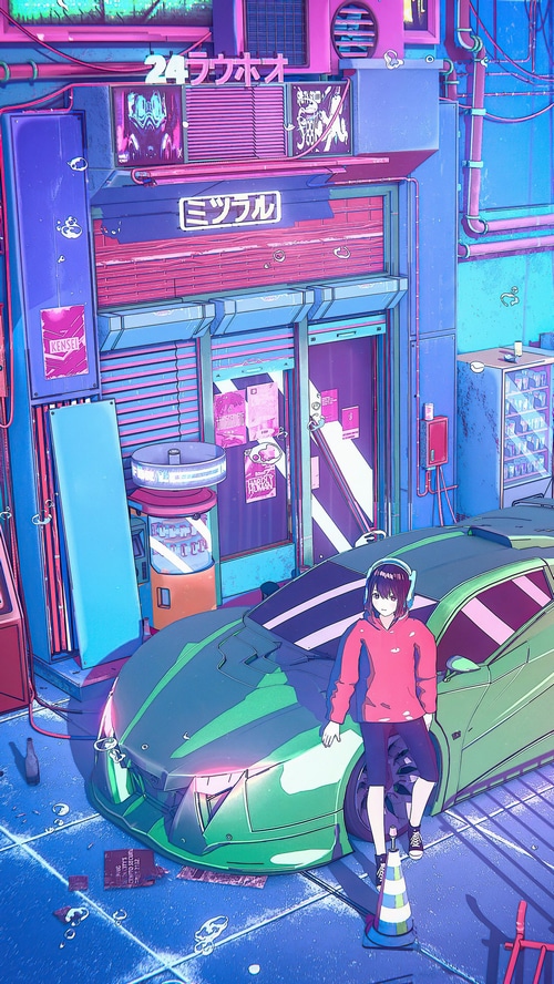 Cyberpunk street scene with a person and a car