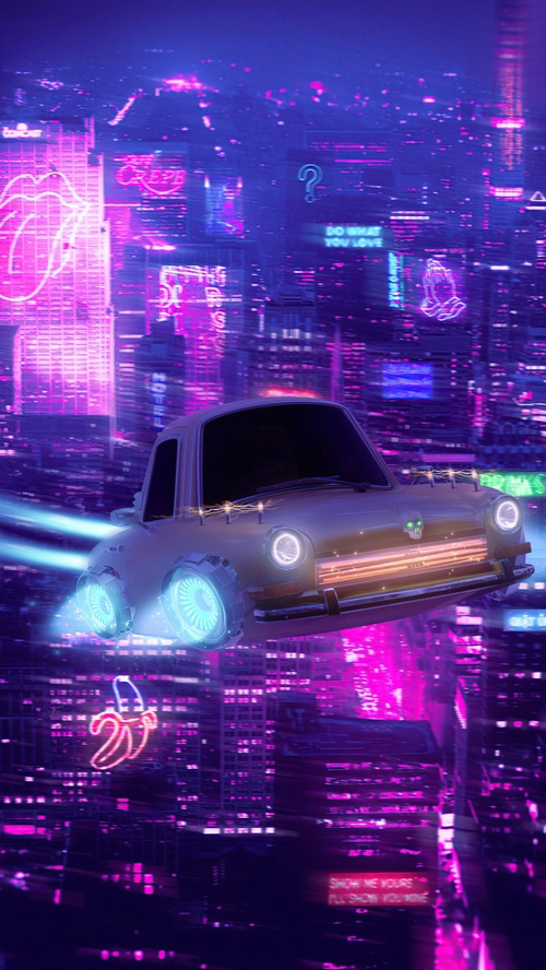 Flying car in a neon cyberpunk city 4K