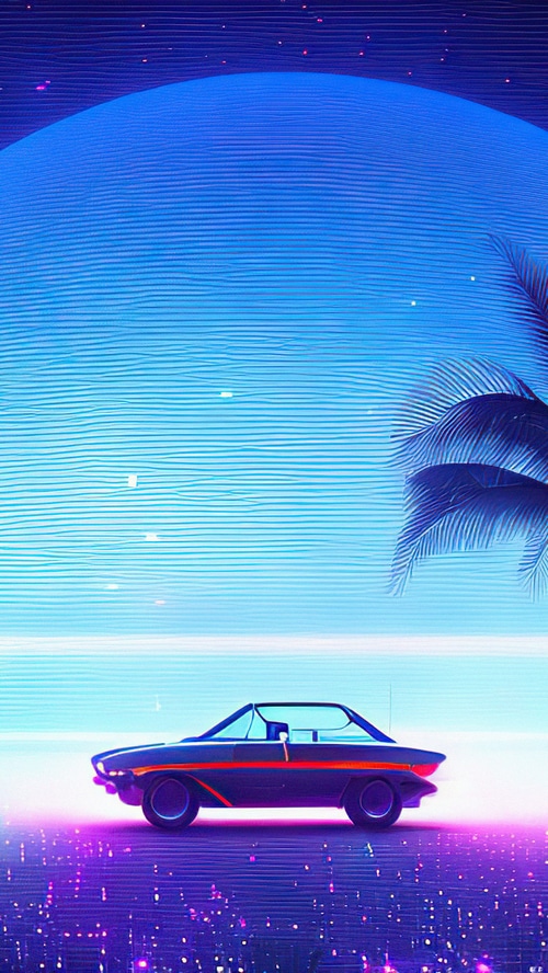 Retrowave artwork of a classic car on a neon road