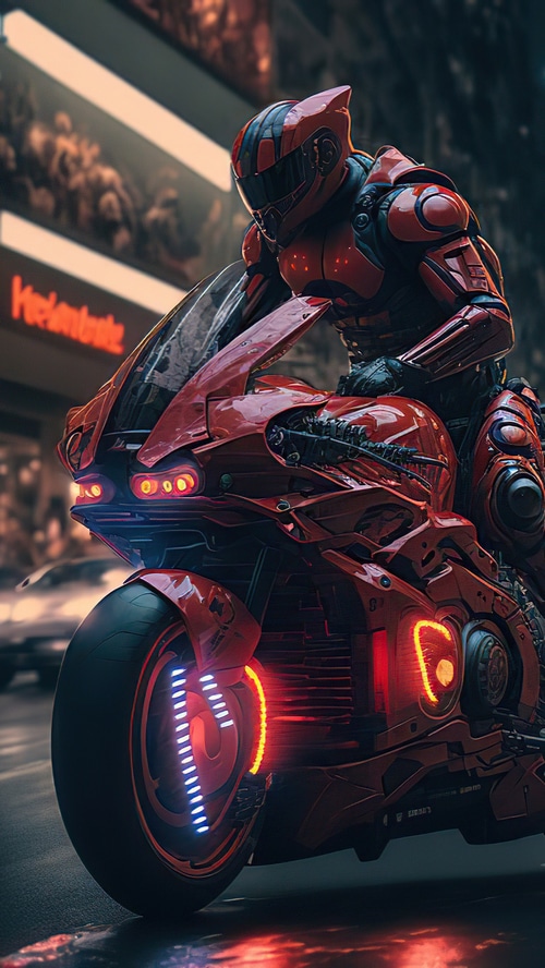 Cyberpunk Biker in Red Armor on Motorcycle