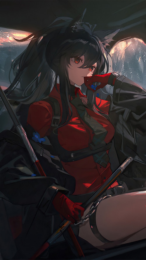 Arknights anime girl with black hair and red outfit