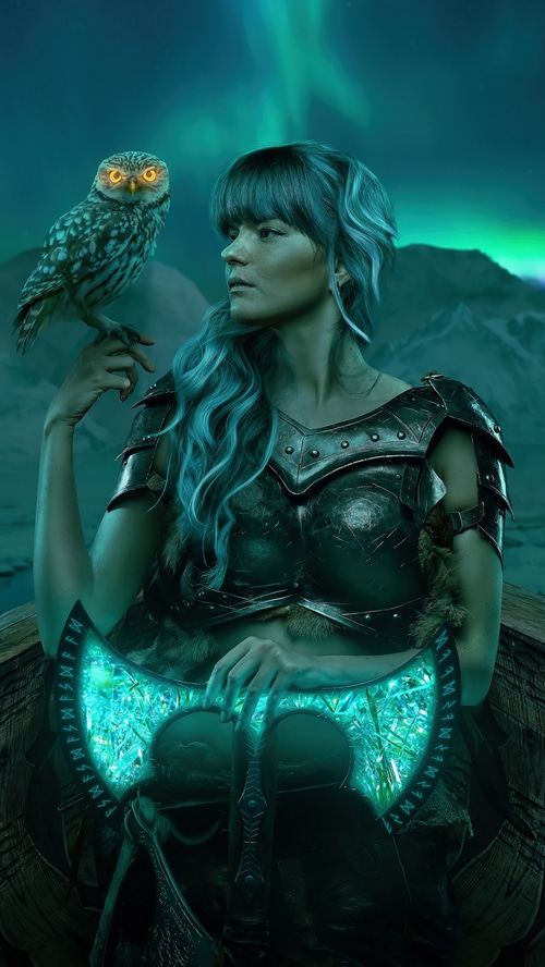 Artwork of a woman with an owl and an axe