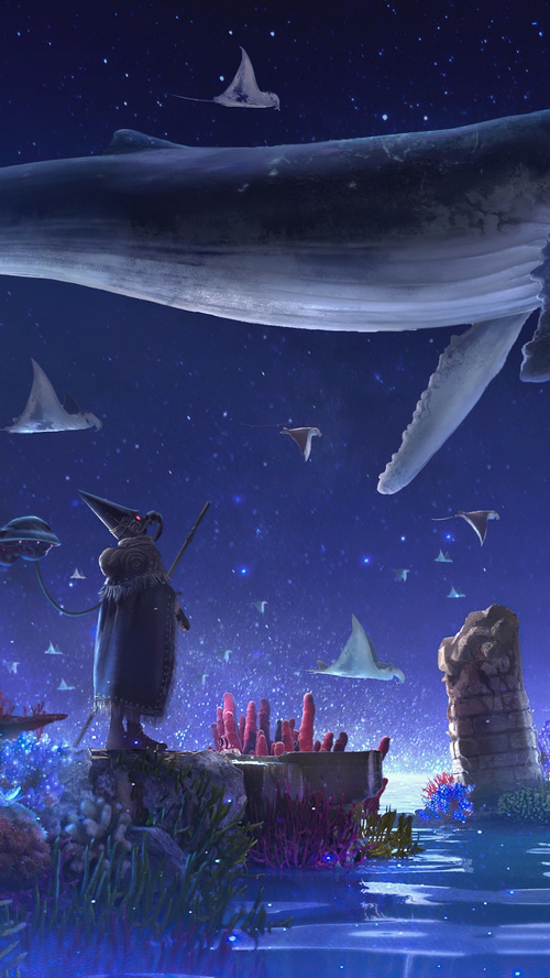 Whale and manta rays in a starry ocean