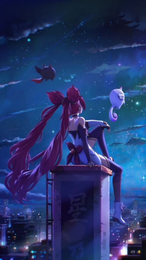 Jinx from League of Legends sitting on a building at night