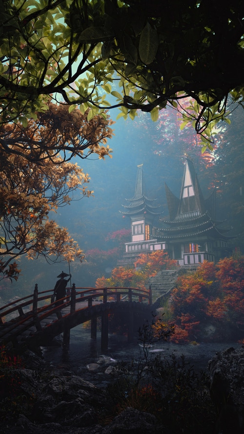 Digital art of a Japanese garden with a pagoda