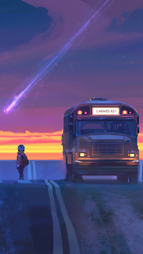 Child and School Bus Under a Meteor Shower