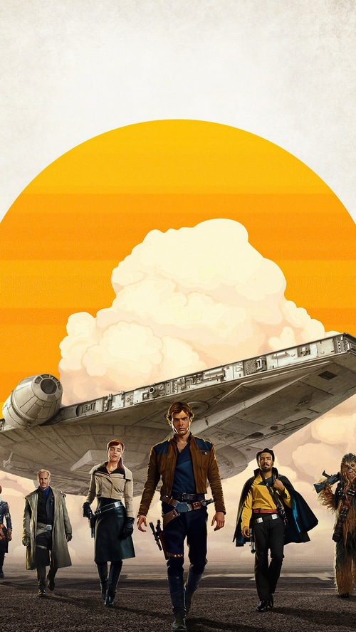 Solo: A Star Wars Story characters with Millennium Falcon
