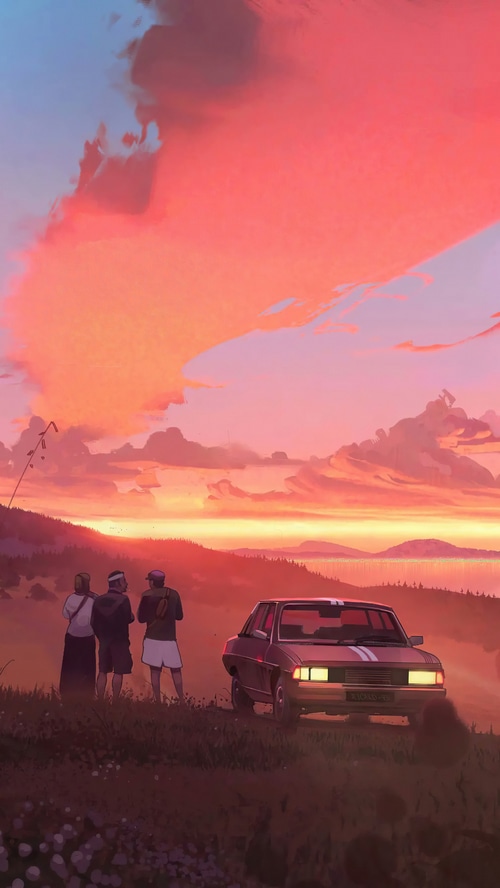 Three people and a car watch the sunset over a lake
